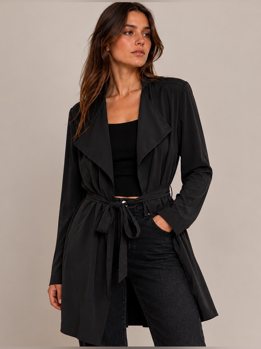 Aritzia Babaton Quincy Jacket Black Draped Belted Lightweight Trench Duster L